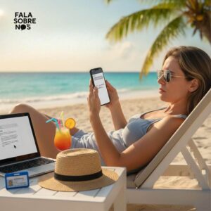 Mulher estressada com celular na praia representando chefe incomodando nas férias