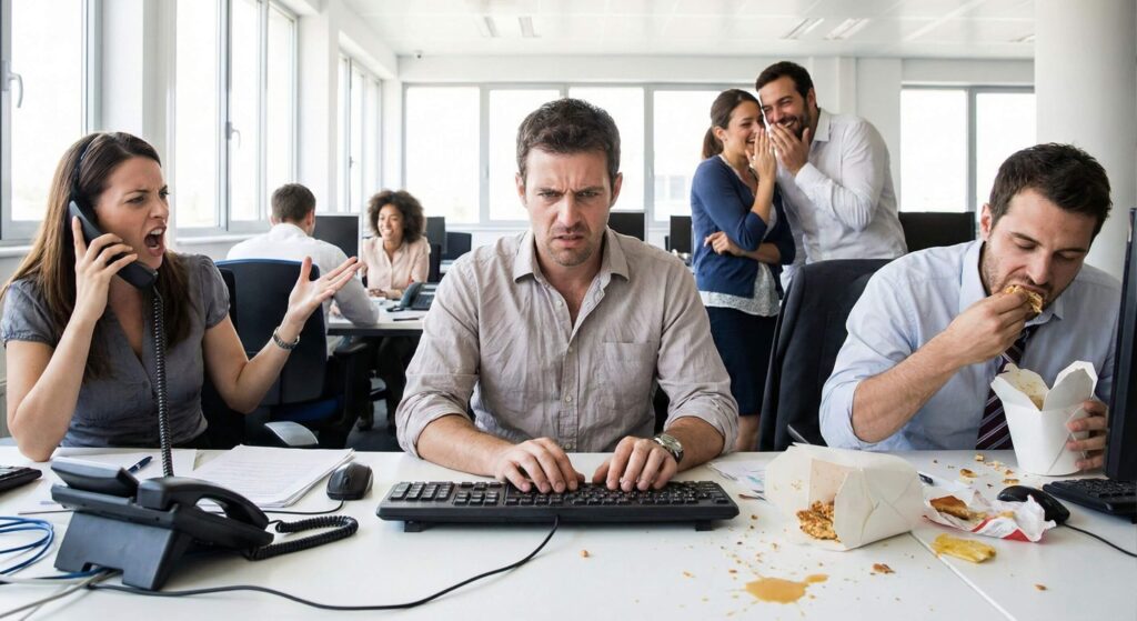 Homem com raiva e estressado por causa dos colegas de trabalho insuportáveis