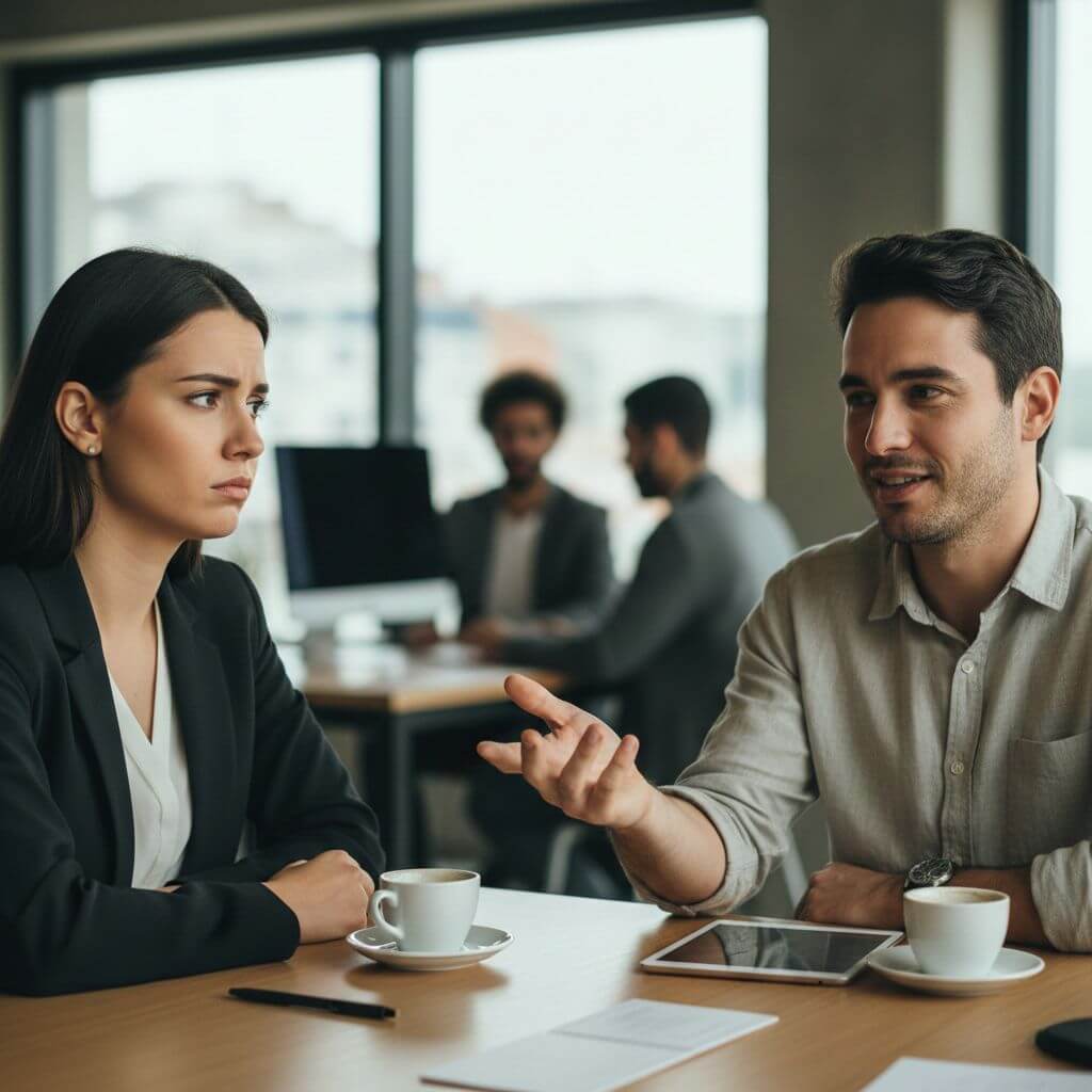 Pessoas conversando em mesa de café para ilustrar inveja e falta de noção