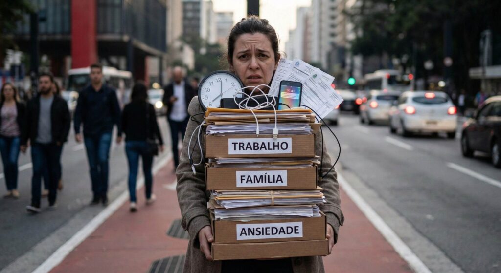 Mulher empilhando emoções como se fosse trabalho