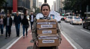 Mulher empilhando emoções como se fosse trabalho na Avenida Paulista