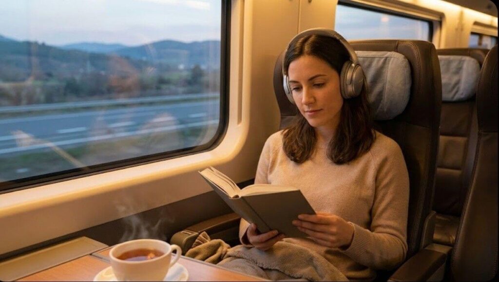 Mulher ouvindo fone de ouvido enquanto viaja