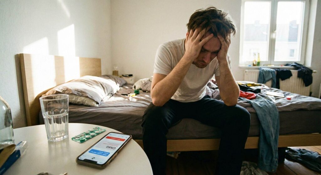 Homem acorda de ressaca moral e pensa em parar de beber